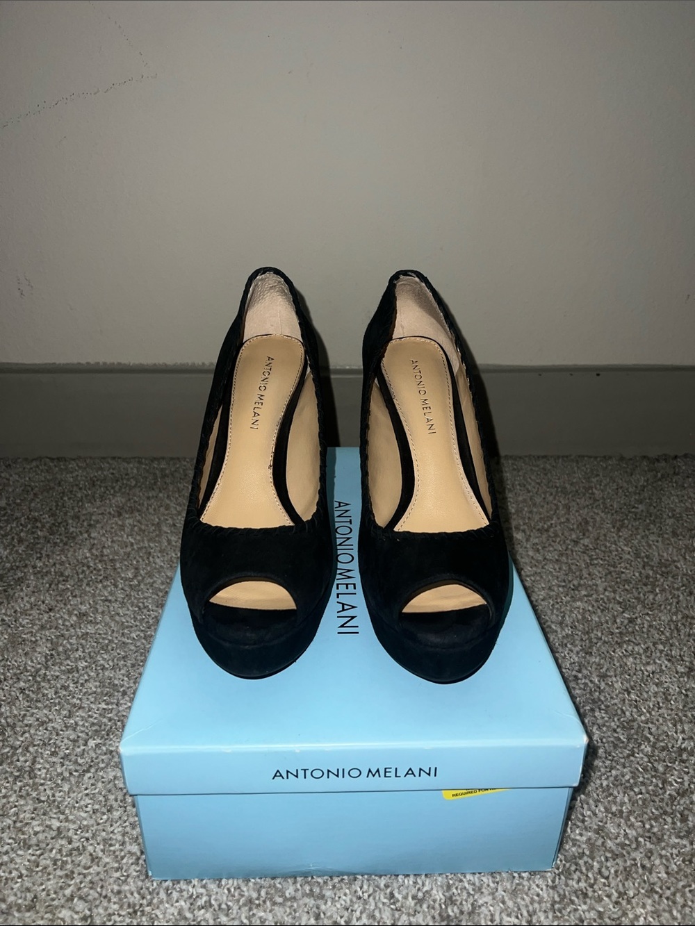 ANTONIO MELANI Luna Black Suede Peep-Toe Heels